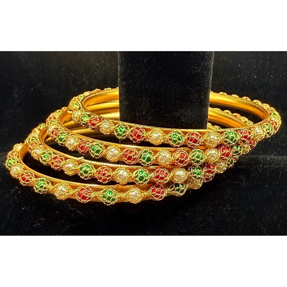 Set of 4 Gold Tone Indian Style Bangles Red Green White Beaded Mesh Bracelets